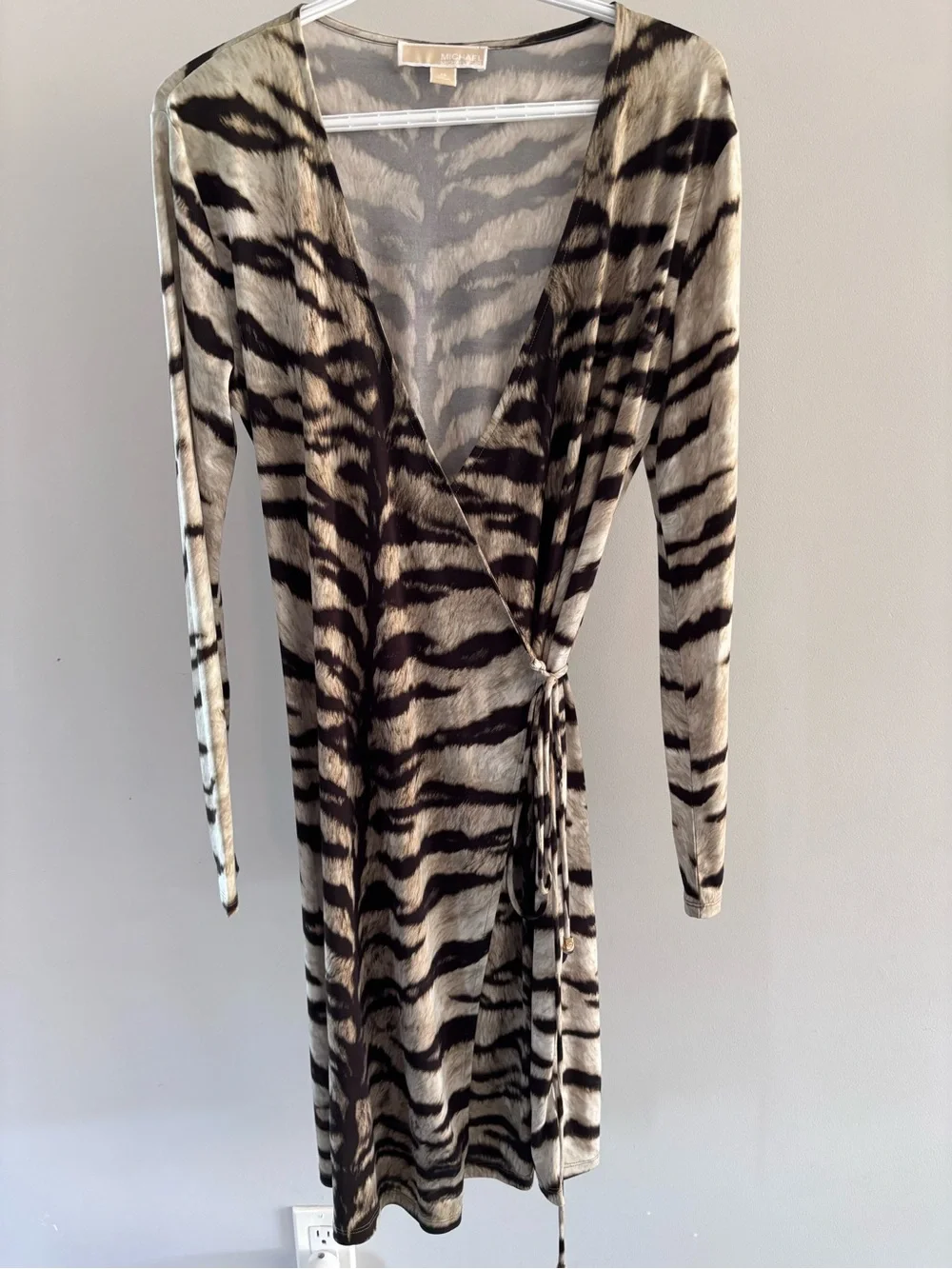 MICHAEL Michael Kors Beige and Brown Tiger-Print Long-Sleeve Wrap Dress - Picture 2 of 4